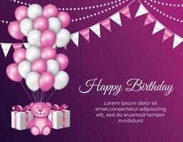 Birthday celebration background with balloons, flags, gifts and cute bear vector illustration