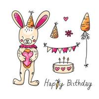 Birthday set with rabbit in pink vector