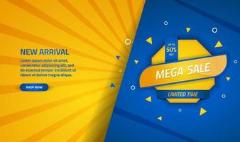 Mega sale discount banner template promotion with blue and yellow color abstract background. Simple and modern design template for use element brochure, poster, flyer, and landing page vector