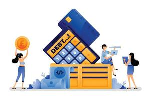 vector illustration of calculators and credit cards stuck in wallets. short term consumption debt that is difficult to pay and is at risk of default. Can use for web website apps poster banner flyer