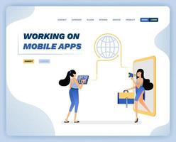 Vector illustration of woman popping out of mobile phone metaphor of working with internet network and apps. Design can be used for website, poster, flyer, apps, advertising, promotion, marketing