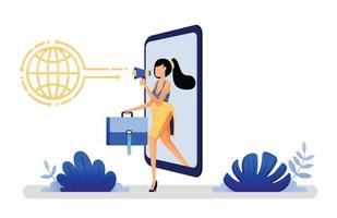 ilustración vectorial de una mujer saliendo del teléfono y sosteniendo la metáfora de la maleta de la economía de conciertos haciendo que todos puedan trabajar con aplicaciones e Internet. diseñado para sitios web, web, aplicaciones, afiches, pancartas