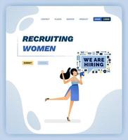 ilustración vectorial de una mujer sosteniendo un megáfono y gritando que estamos contratando. trabajos para mujeres. el diseño se puede utilizar para sitios web, afiches, volantes, aplicaciones, publicidad, promoción, marketing vector