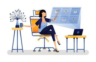 vector illustration of female worker at home having meeting with colleagues for company activities. teach and work more efficiently with internet technology. Designed for website, web, apps, poster