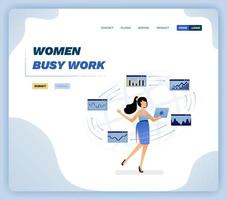 Vector illustration of woman holding a laptop and busy finishing work keeps coming on the internet. Design can be used for website, poster, flyer, apps, advertising, promotion, marketing