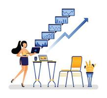 vector illustration of woman worker analyzes various financial report results to career and investment decisions symbolizes women being financially independent. Designed for website, web, apps, poster