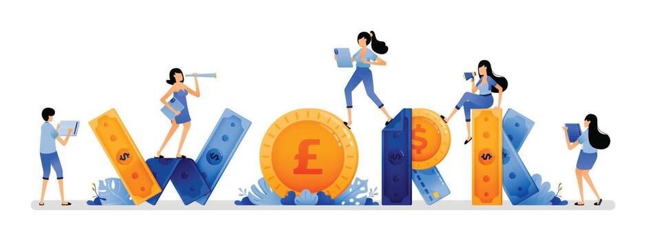 vector illustration of piles of money that make up the word WORK. people work and build their financial future by saving and investing. Can use for web website apps poster banner flyer landing page