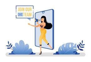 vector illustration of woman getting out of mobile phone and holding megaphone shouting we are hiring. metaphor of job vacancies that always on the internet. Designed for website, web, apps, poster