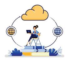 vector illustration of women learn from anywhere with the future technology of cloud computing. more efficient education with distance learning. Designed for website, web, apps, poster, banner