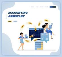 Vector illustration of a female assistant setting up accounting spreadsheets and money circulation in company. Design can be used for website, poster, flyer, apps, advertising, promotion, marketing