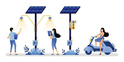 ilustración vectorial de paneles solares utilizados para instalaciones públicas diarias como farolas y semáforos para apoyar la energía renovable. se puede usar para la página de inicio del volante de la pancarta del póster de las aplicaciones del sitio web vector