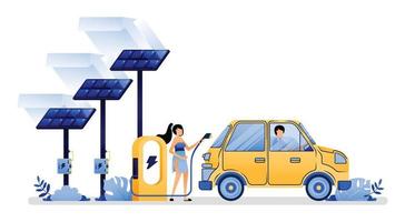 ilustración vectorial de carga eléctrica para coches eléctricos con panel solar más respetuoso con el medio ambiente y eficiente para apoyar la sostenibilidad. se puede usar para aplicaciones de sitios web web poster banner flyer vector