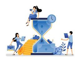 vector illustration of hourglass with money going down. current month debt payments that approaching maturity.immediate settlement of debt. Can use for web website apps poster banner flyer homepage