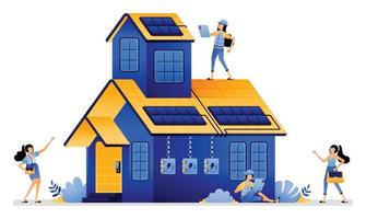 vector illustration of installation of independent use of solar panels in residential areas to reduce electricity costs and protect environment. Can use for web website mobile apps poster banner flyer