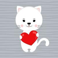 lindo gato de dibujos animados con corazón rojo vector