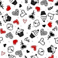 Valentine's day background with cupcakes, hearts geometric simbols. Sweet love pattern vector