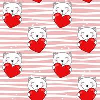 lindos gatos de dibujos animados con corazón rojo. patrón de rayas sin costuras. vector