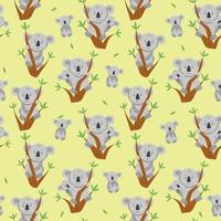 Seamless pattern with cartoon koala on the eucalyptus tree. Funny koala with baby koala. Pattern for fabric and kids clothes. vector