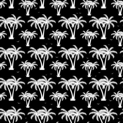 Palm trees with birds on a black background. Exotic seamless pattern.