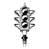 Vintage traffic light semaphore hand drawn outline icon. Spotlight, crossroads, city traffic regulation. Vector sketch illustration for print, web, mobile, infographics on white background.