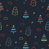 Black seamless pattern with green blue orange Christmas tree lines and doodle clouds stars. Winter texture, textiles, children wallpaper. vector