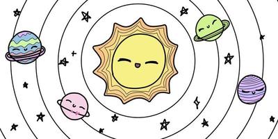 Cute poster with planets sun stars in space. White doodle cosmos postcard, background. Hand drawn vector illustration.