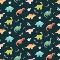 Dinosaurs and leaves seamless pattern on dark background vector