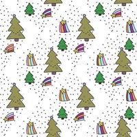 White seamless pattern with green Christmas tree lines and doodle stars. Seamless background. Winter texture, textiles, children cute wallpaper. Digital scrapbooking paper for kids. vector