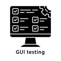 GUI testing glyph icon. Program settings. Computer monitor. Tester, quality assurance engineer work. Search bugs. Silhouette symbol. Negative space. Vector isolated illustration