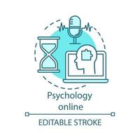 Psychology online concept icon. Therapeutic session. Chat with psychologist. Solving puzzles online idea thin line illustration. Vector isolated outline drawing. Editable stroke