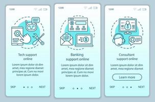 plantilla de vector de pantalla de página de aplicación móvil de incorporación de soporte al cliente en línea. tecnología, banca, ayuda de consultores. paso a paso del sitio web con ilustraciones lineales. ux, ui, concepto de interfaz de teléfono inteligente gui