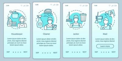 Cleaning agency staff onboarding mobile app page screen, linear concepts. Four walkthrough steps graphic instructions. Cleaner, maid. Cleanup company. UX, UI, GUI vector template with illustrations