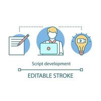 Script development concept icon. Video pre production idea thin line illustration. Film scenario writing. Scripting. Screenwriter. Film making idea. Vector isolated outline drawing. Editable stroke