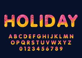 Donut cartoon holiday biscuit bold font style. Glazed capital letters, alphabet, numbers. Tempting flat design typography. Cookies letters. Steelblue background. Pastry, bakery isolated vector clipart