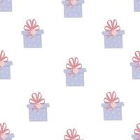 cajas de regalo, presenta un conjunto de iconos vectoriales de patrones sin fisuras. . textil de papel envuelto de colores. lindo estampado de vacaciones ... diseño plano de dibujos animados. vector