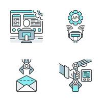 RPA color icons set. Robotic process automation. Programming and robots using. Software developer, API connection, email, PbD. Automate workflows. Isolated vector illustrations