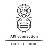 API connection linear icon. Application programming interface. Cyborg with remote control and settings. RPA. Thin line illustration. Contour symbol. Vector isolated outline drawing. Editable stroke