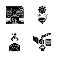 RPA glyph icons set. Robotic process automation. Programming and robots using. Software developer, API connection, email, PbD. Automate workflows. Silhouette symbols. Vector isolated illustration