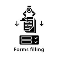 Forms filling glyph icon. Robot inputting data to forms. RPA. Clerical process automation technology. Ai worker. Using cloud service. Silhouette symbol. Negative space. Vector isolated illustration