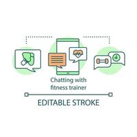 Chatting with fitness trainer concept icon. Sports and nutrition online personal program. Health mobile application idea thin line illustration. Vector isolated outline drawing. Editable stroke