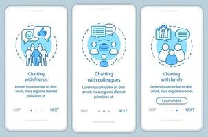 Chatting people onboarding mobile app page screen vector template. Friends, family, colleagues walkthrough website steps with linear illustrations. UX, UI, GUI smartphone interface concept