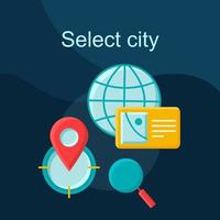 Select city flat concept vector icon. Travel destinations, route idea cartoon color illustrations set. Vacation scheduling. Self-planned journey. Trip planning. Isolated graphic design element