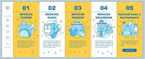 Mexican culture onboarding mobile web pages vector template. Mexico trip. Responsive smartphone website interface idea with linear illustrations. Webpage walkthrough step screens. Color concept