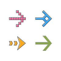 Arrow types color icons set. Pixel, shaped, dashed, striped next, forward arrow. Arrowhead showing right direction. Next. Pointer, indicator symbol. Navigation cursor. Isolated vector illustrations