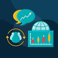 icono de vector de concepto plano de acciones y acciones. conjunto de ilustraciones en color de dibujos animados de idea de mercado financiero global. comercio. análisis del mercado de valores. inversión, crecimiento del capital. elemento de diseño gráfico aislado