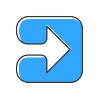 Blue arrow in square color icon. Play button. Forward indicator, right turn. Pointer symbol. Arrowhead indicating rightward. Next, forward arrow. Navigation cursor. Isolated vector illustration