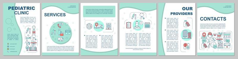 Pediatric clinic brochure template layout. Services, locations, providers. Flyer, booklet, leaflet print design with linear icons. Vector page layouts for magazines, reports, advertising posters
