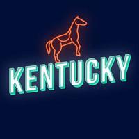 kentucky vintage 3d vector letras. fuente en negrita retro, tipo de letra. texto estilizado de arte pop. letras de luz de neón de estilo de la vieja escuela. Afiche de los 90, 80, diseño de pancartas. fondo de color azul oscuro con caballo