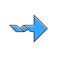 Twisted blue arrow color icon. Navigation pointer sign. Direction move. Spiral line. Pointing cursor. Arrowhead pointing rightward. Pointer, indicator. Motion, next. Isolated vector illustration