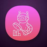 Monitoring bot app icon. Monitor websites uptime. Machine learning. Artificial intelligence. Robot with magnifying glass. UI UX user interface. Web or mobile application. Vector isolated illustration